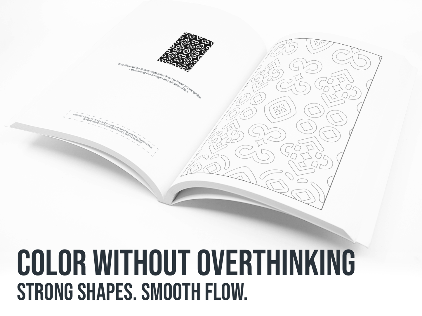 Open book with black and white patterns on a white background with the text "Color without Overthinking".