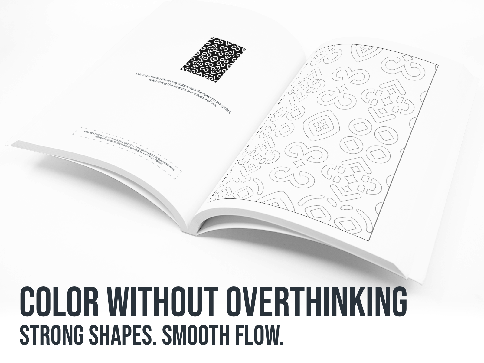 Open book with black and white patterns on a white background with the text "Color without Overthinking".