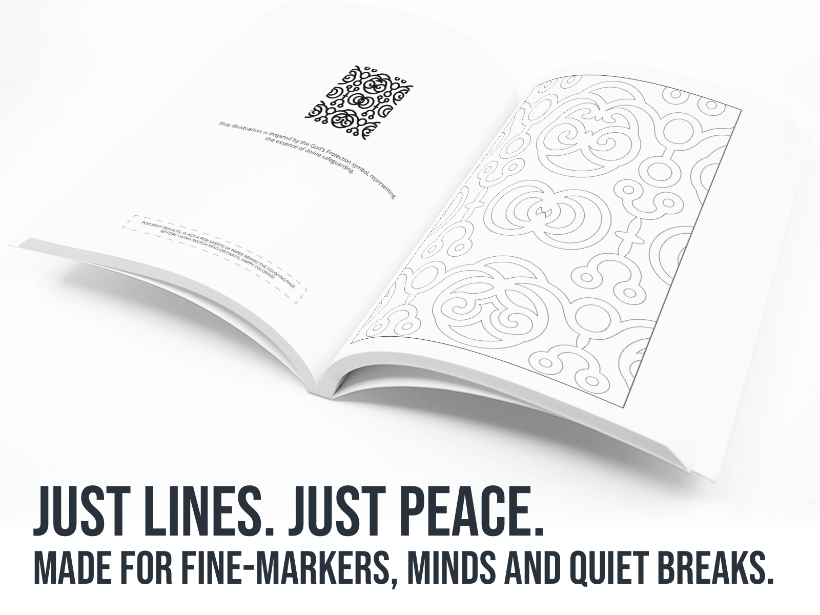 Open book with black line art on a white background with the text "Just Lines, Just Peace".