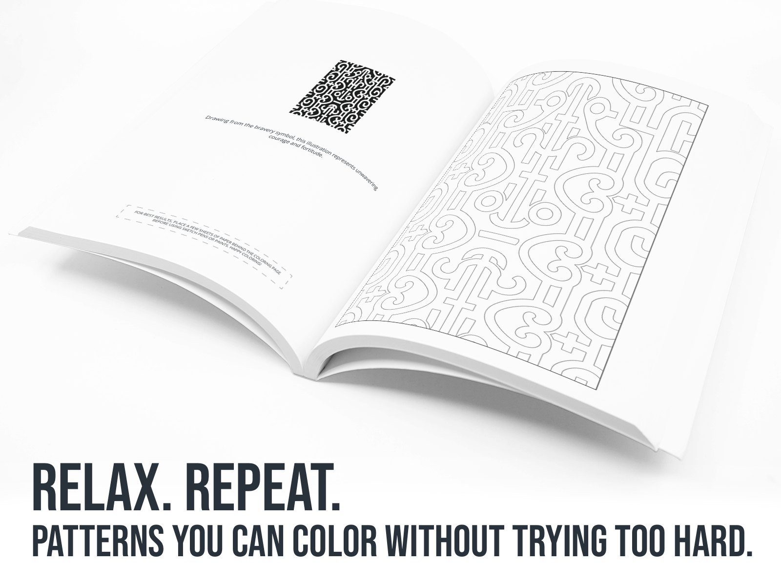 Open book with black and white patterns on a white background, featuring text 'Relax. Repeat.'