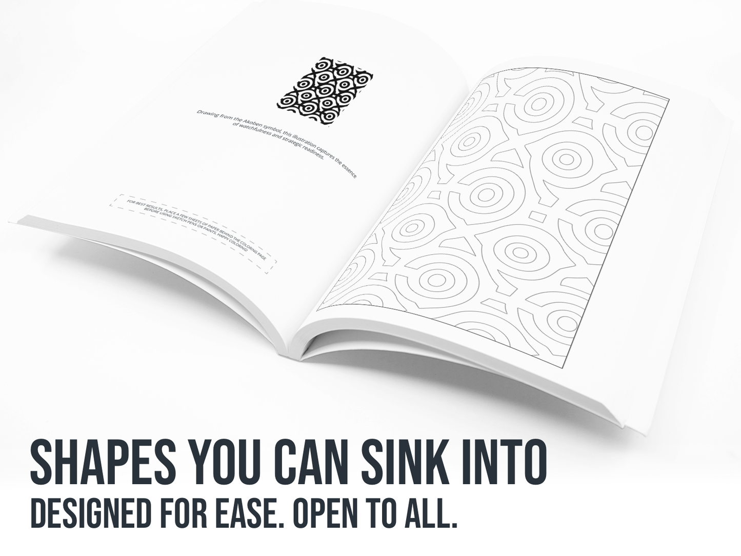 Open book with geometric patterns on a white background with the text "Shapes you can sink into". 