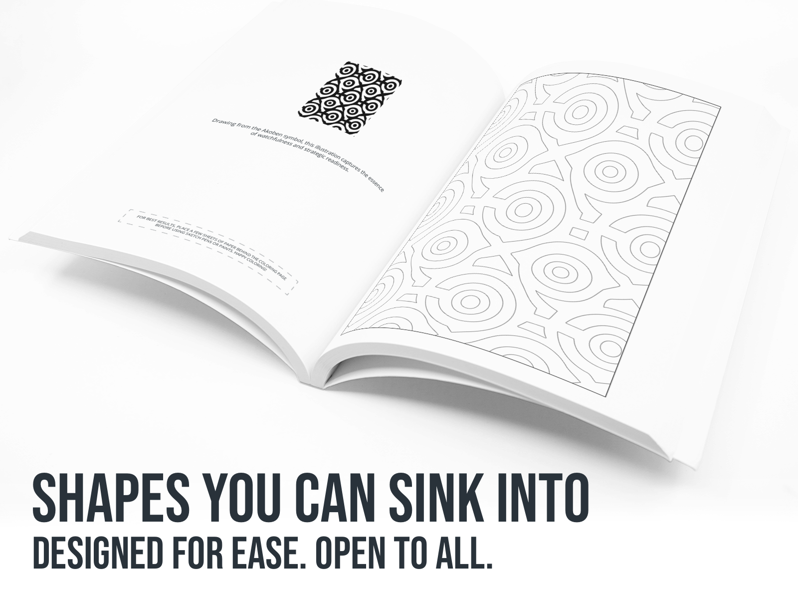 Open book with geometric patterns on a white background with the text "Shapes you can sink into". 