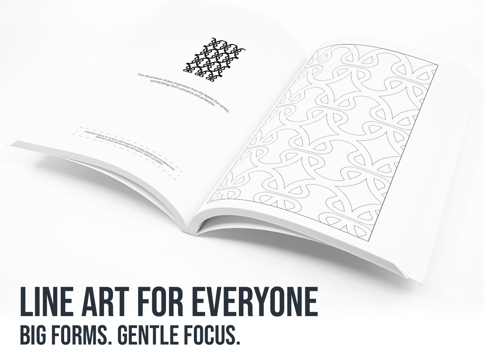 Open book with line art on a white background, featuring text 'Line art for everyone. Big forms. Gentle focus.'