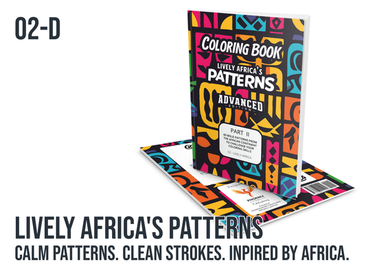 Coloring book titled 'Lively Africa's Patterns' on a white background