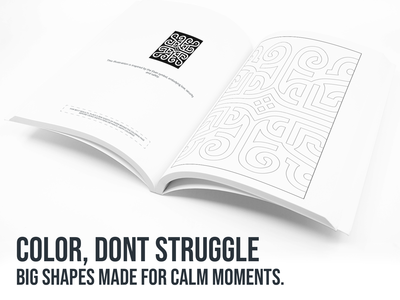 Open book with black and white patterns on a white background, featuring text 'Color, don't struggle. Big shapes made for calm moments.