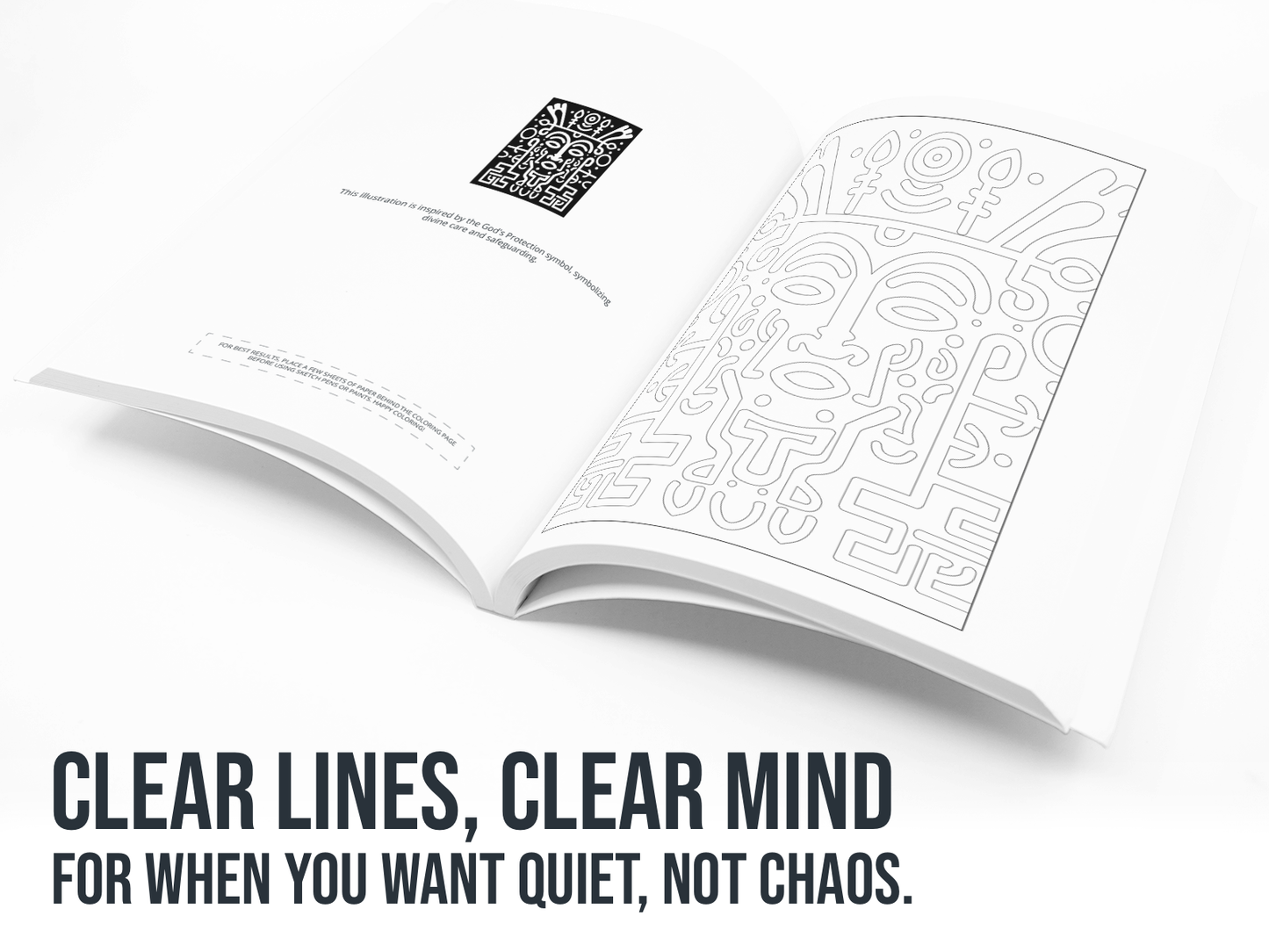 Open book with decorative patterns on a white background, featuring text 'Clear lines, clear mind for when you want quiet, not chaos.'.