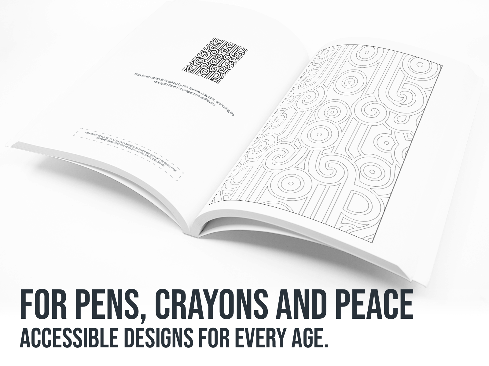 Open book with black and white patterns on a white background with text "for Pens, Crayons and Peace". 