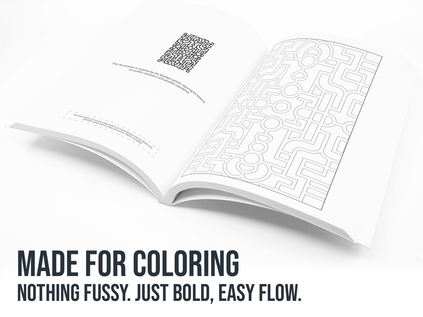 Open book with coloring patterns on a white background with text "Made for Coloring".
