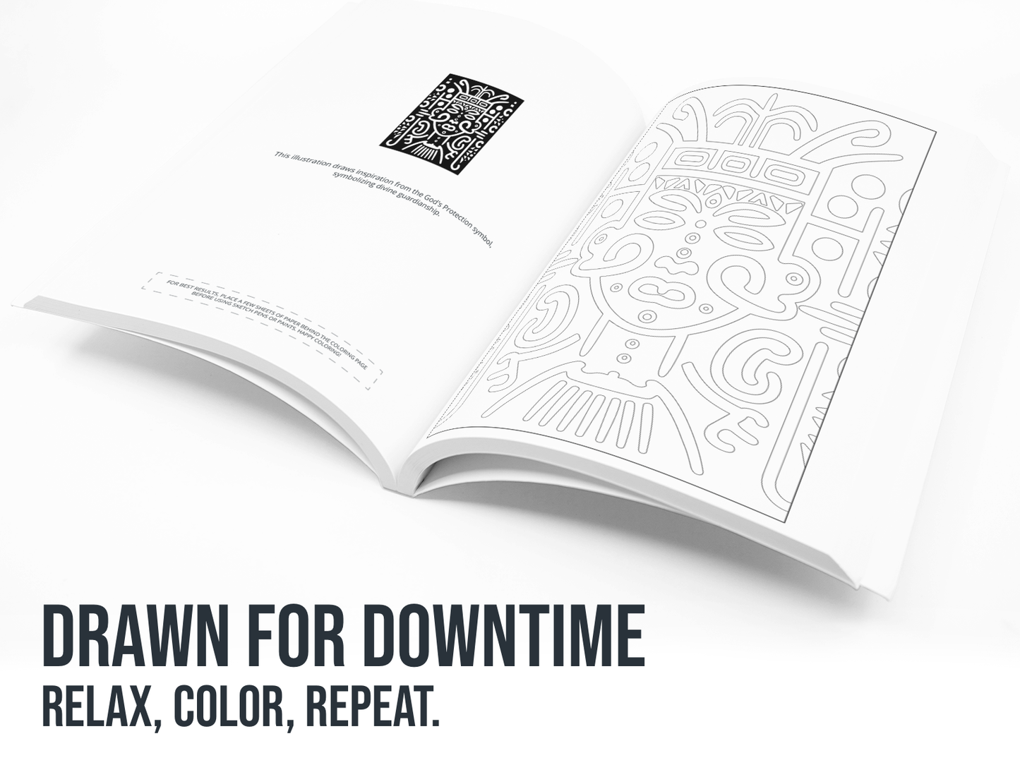 Open book with black and white patterns on a white background, featuring text 'Drawn for Downtime: Relax, Color, Repeat.'