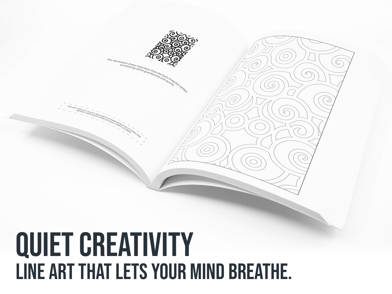 Open book with line art on a white background, featuring the text 'Quiet Creativity'.