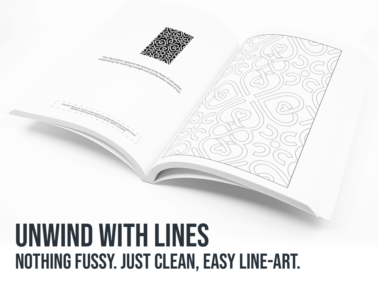 Open book with line art on a white background with the text "Unwind with Lines".