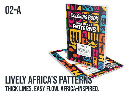Coloring book titled 'Lively Africa's Patterns' on a white background