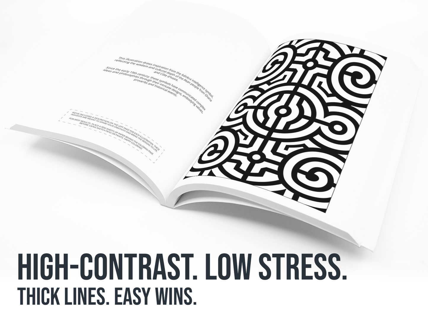 Open book with a black and white pattern on a white background with the text "High contrast, Low Stress".