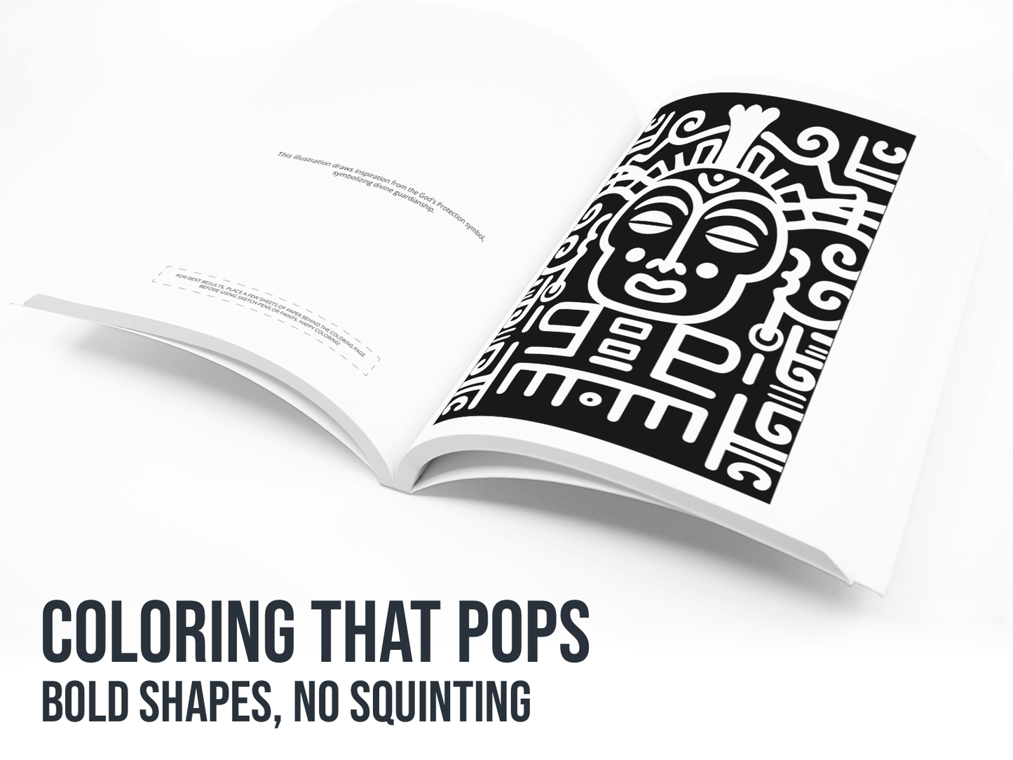 Open book with a black and white design on a white background with the text "Coloring that Pops".