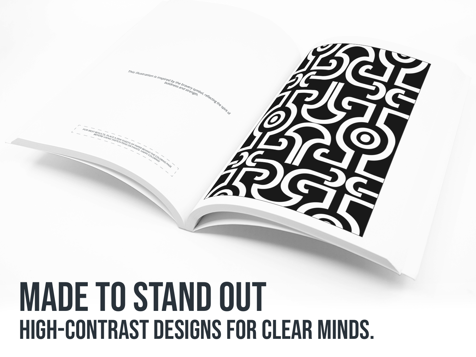 Open book with a black and white geometric pattern on a white background with the text "Made to stand out".