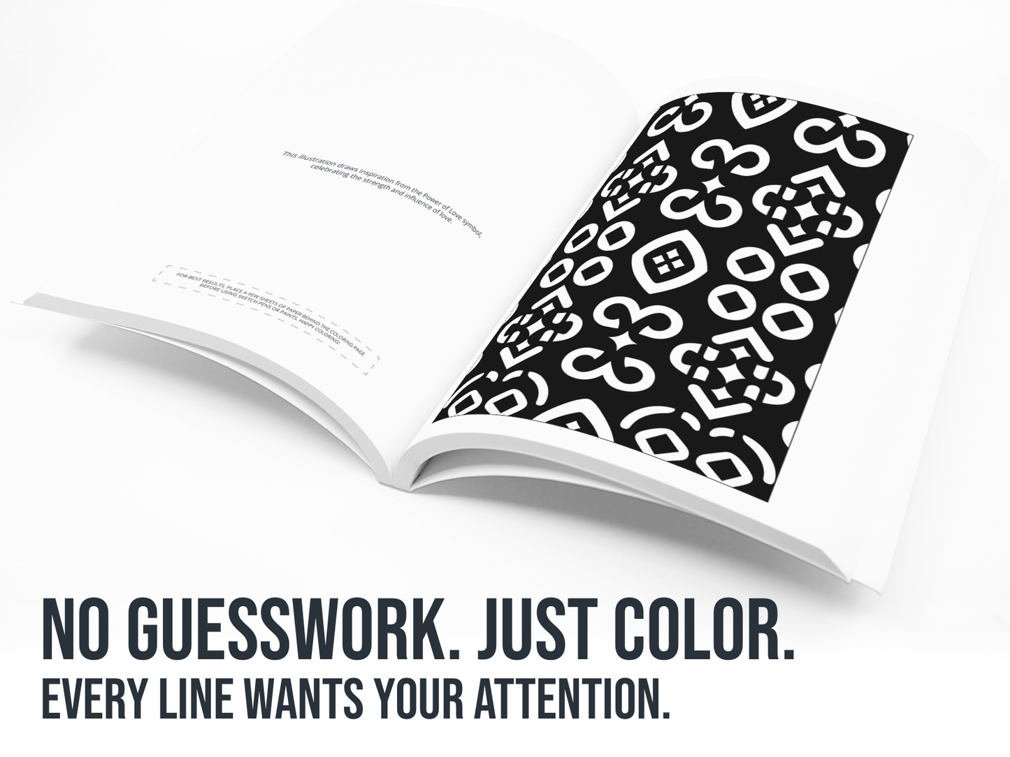 Open book with a black and white patterned bookmark on a white background with the text "No guess work, just color".