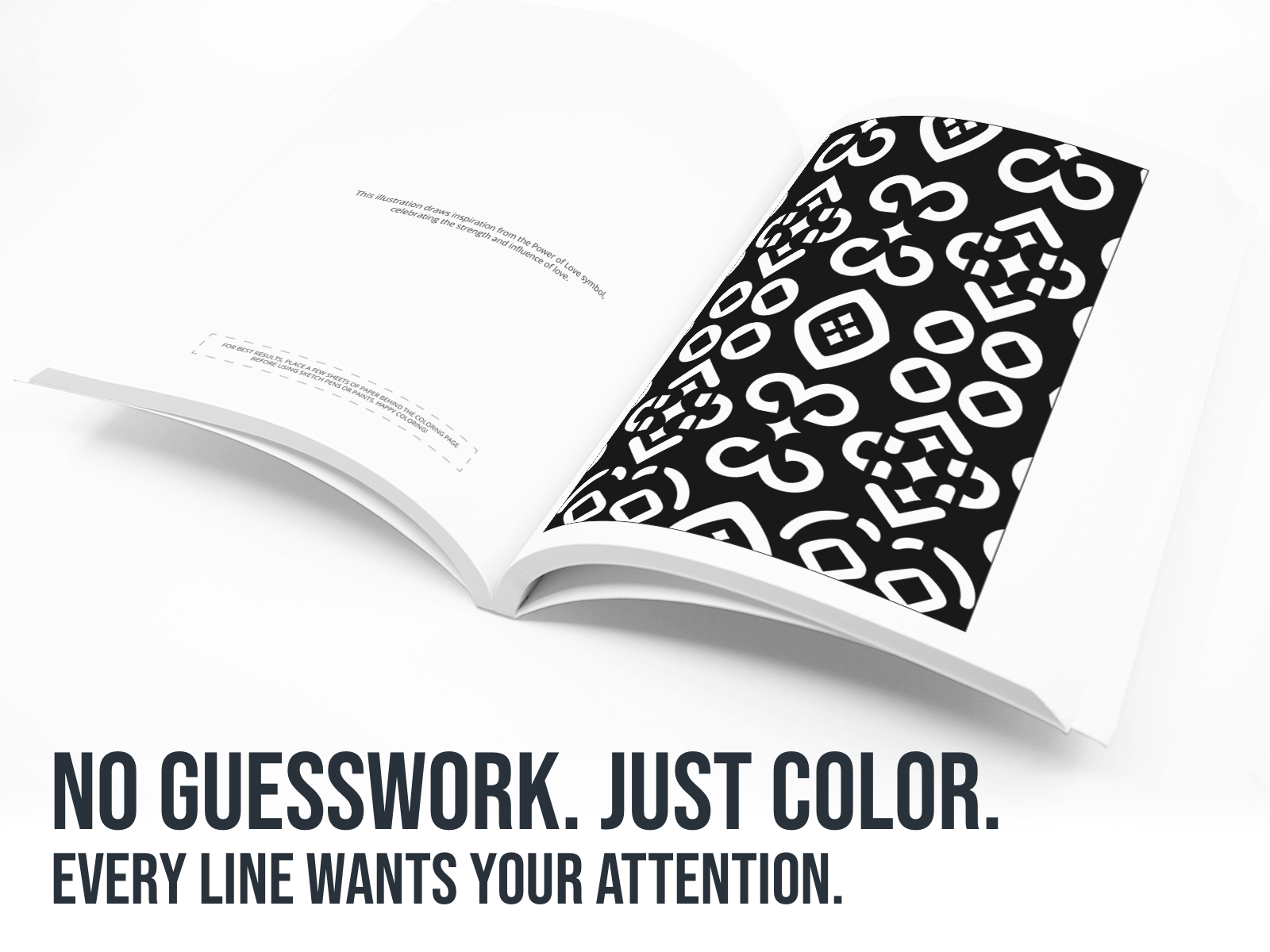Open book with a black and white patterned bookmark on a white background with the text "No guess work, just color".