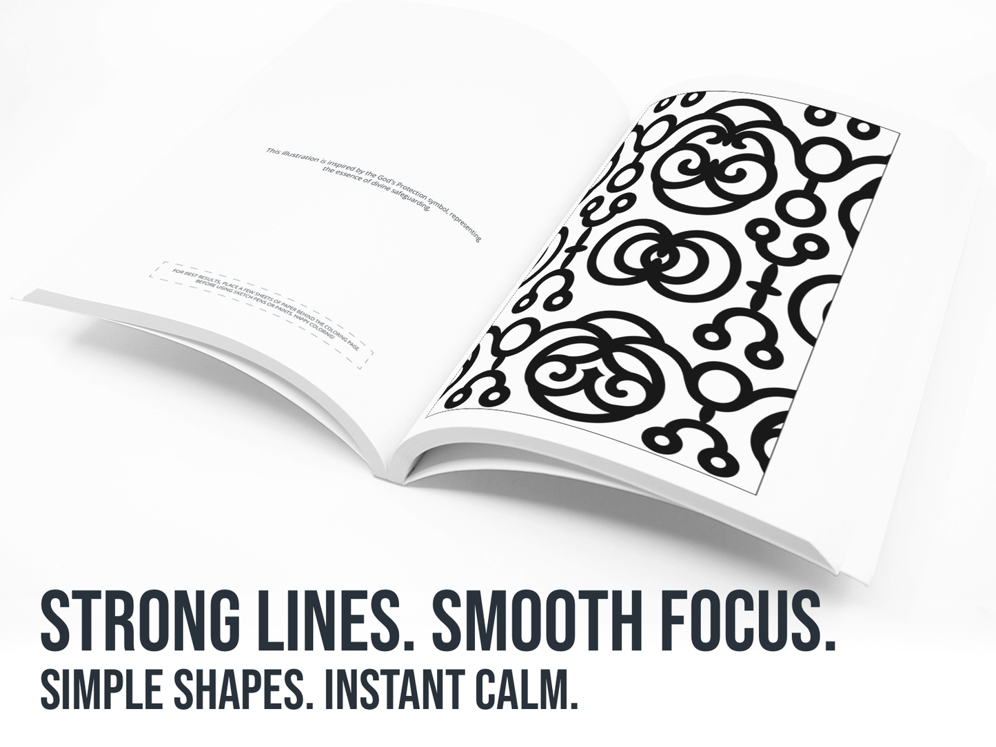 Open book with black patterns on a white background with the text Strong Lines, Smooth Focus in black.