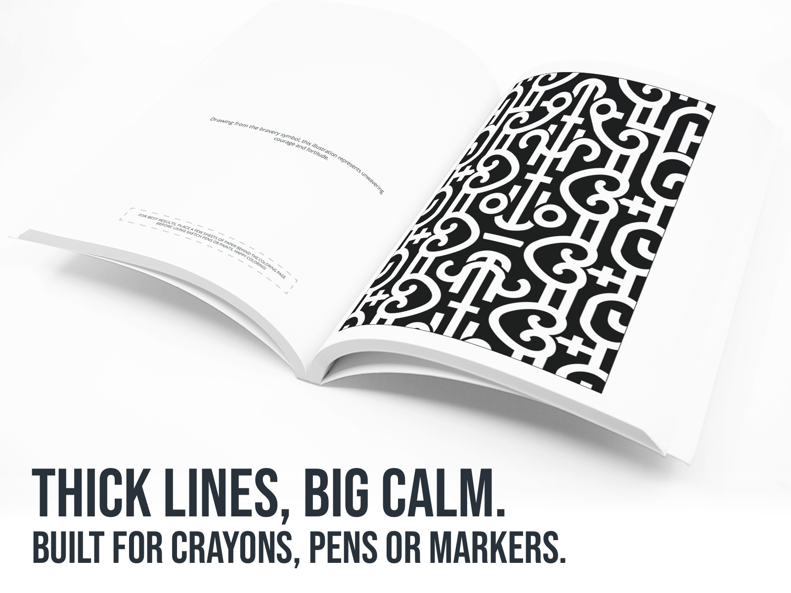 Open book with black geometric pattern on a white background with the text Thick Lines, Big Calm in black.