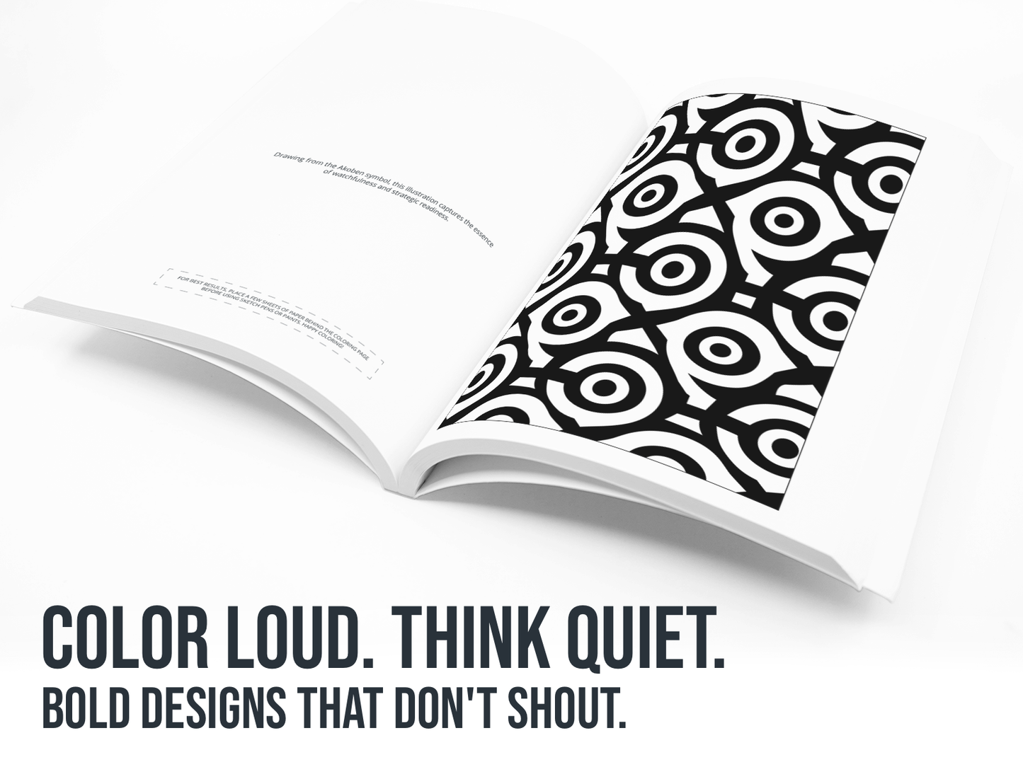 Open book with black geometric patterns on a white background with the line Color Loud, Think Quiet in black.