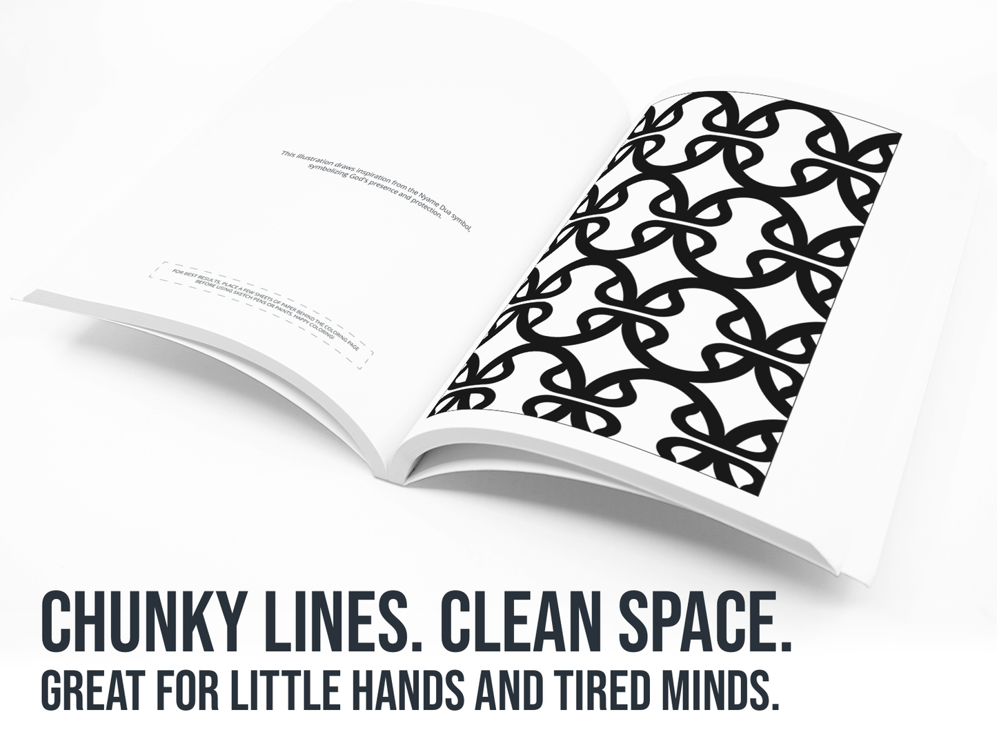 Open book with black geometric pattern on white background with the text "Chunky lines, clean space".