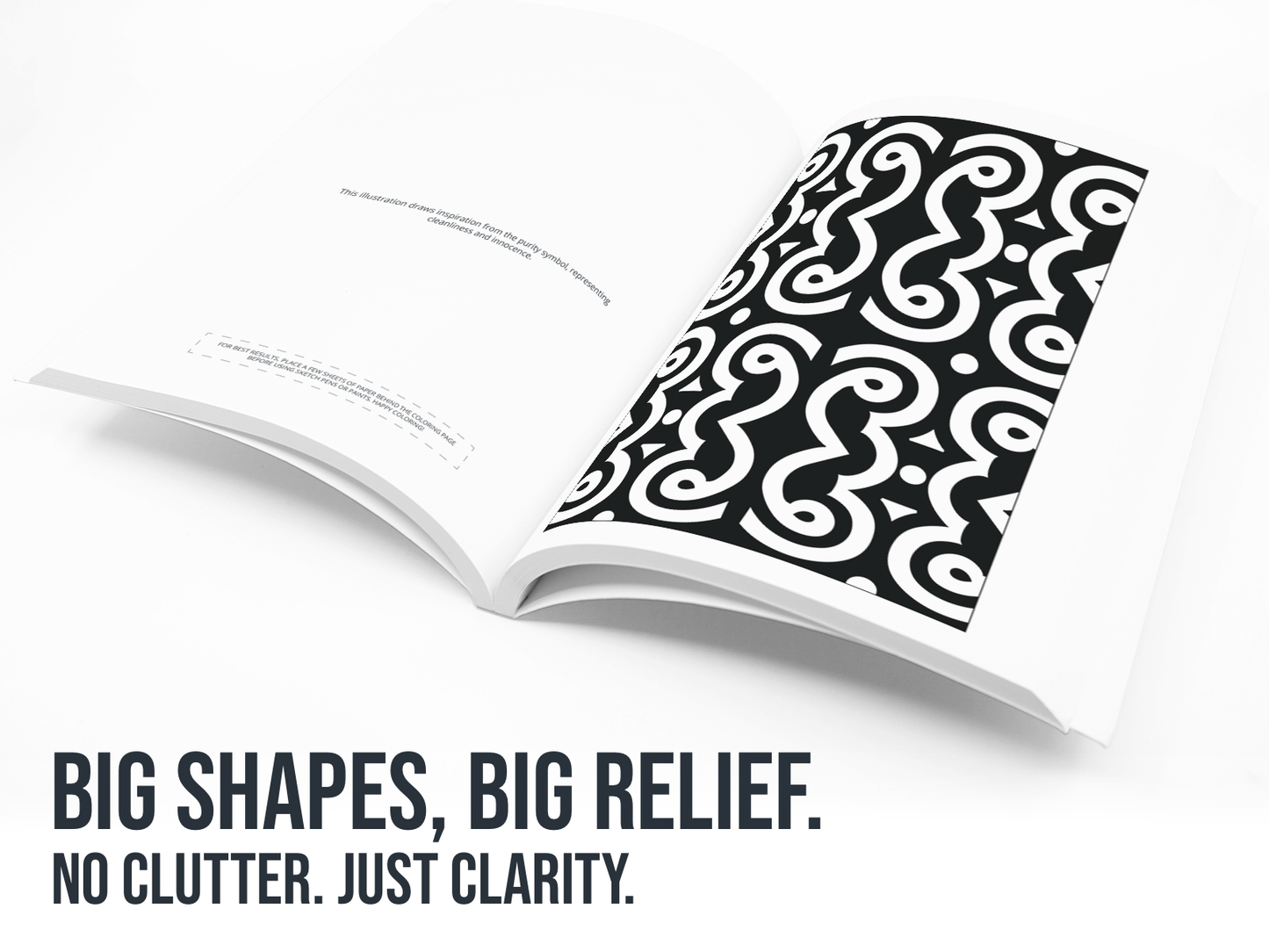 Open book with black and white pattern on a white background with the line Big Shapes, Big Relief in black.
