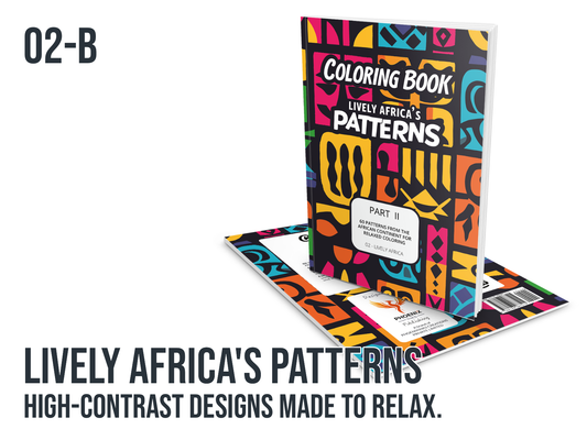Open book with black line art on a white background, with the text Lively Africa's Pattern on white background.