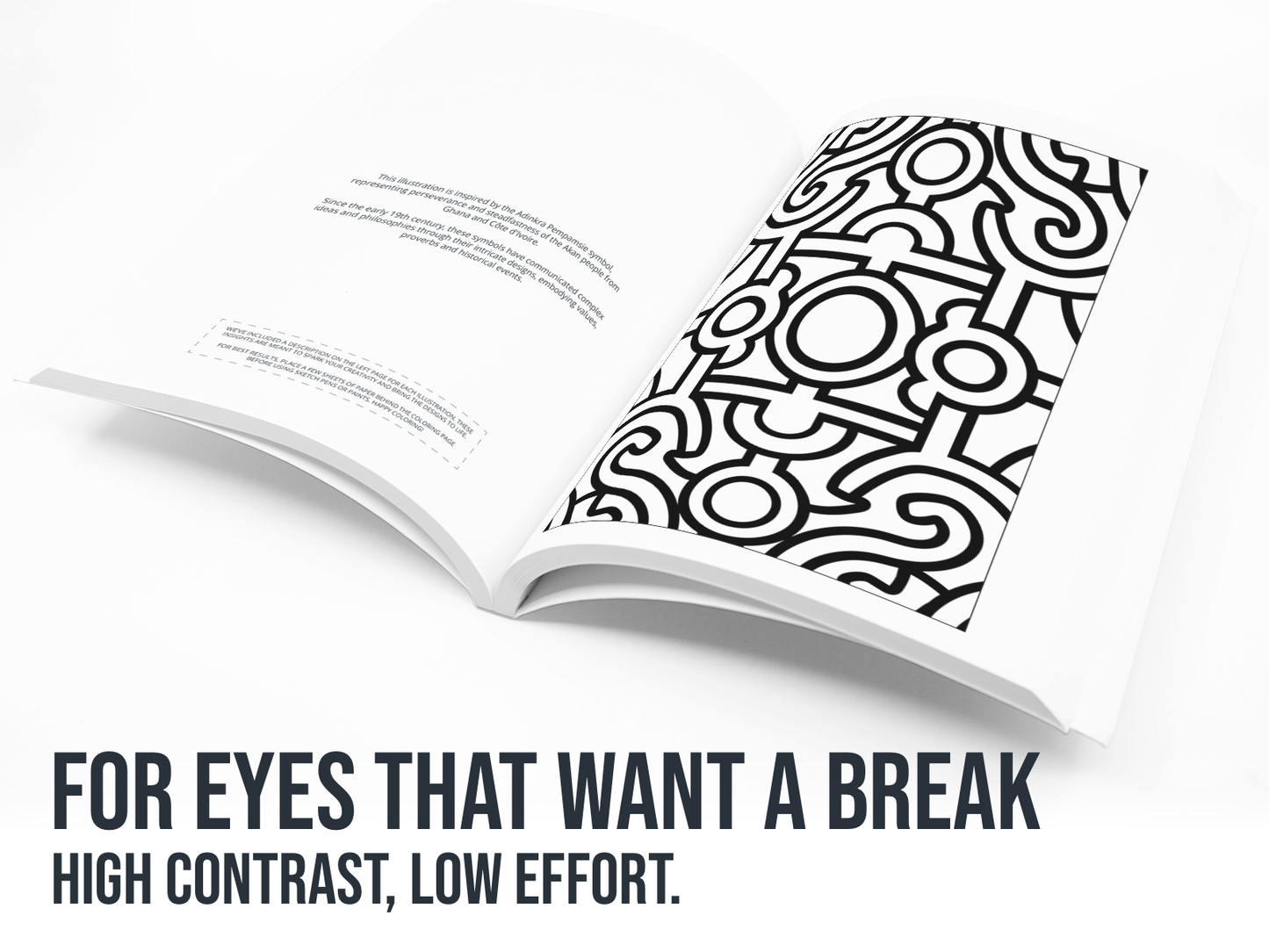 Open book with black line art on a white background, with the text "For Eyes that want a break" in black