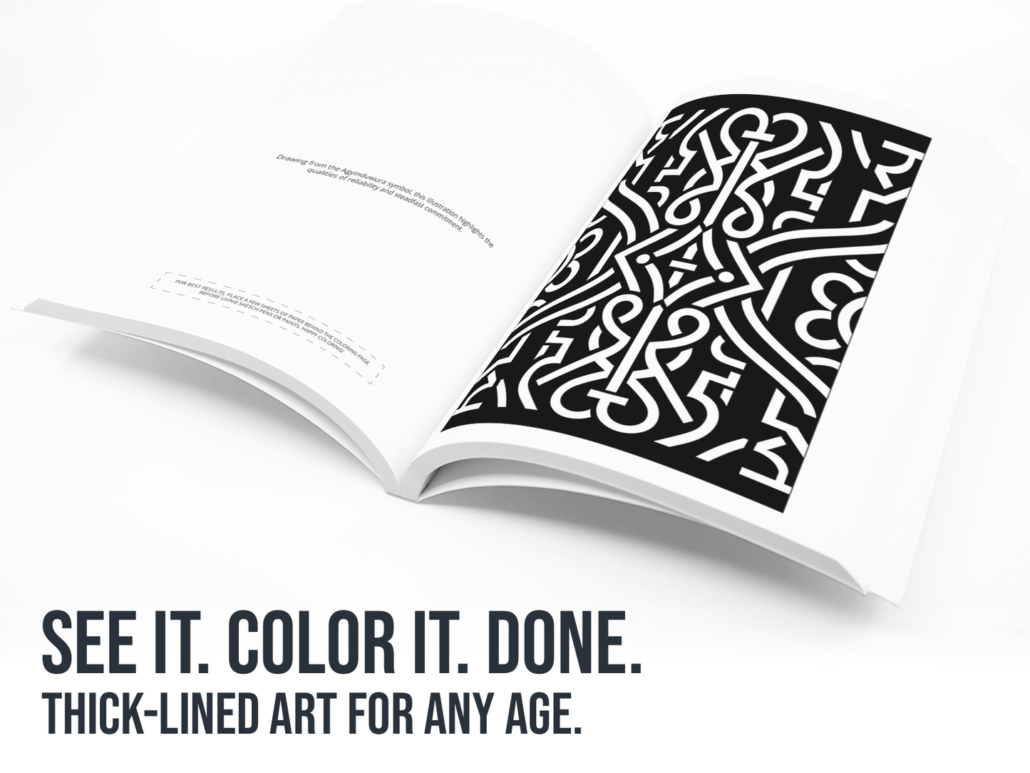 Open book with black and white art on a white background with the text "See it, Color it, Done".