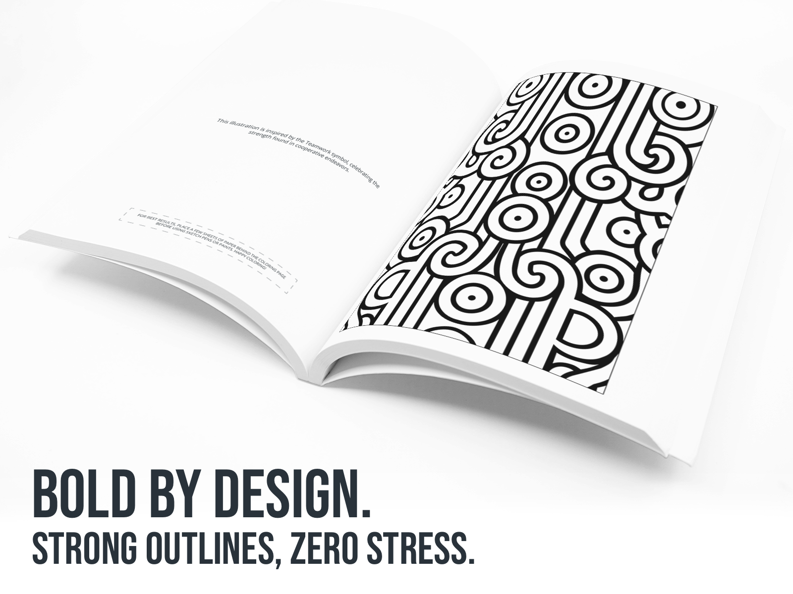 Open book with black and white pattern on a white background with the text "Bold by Design".