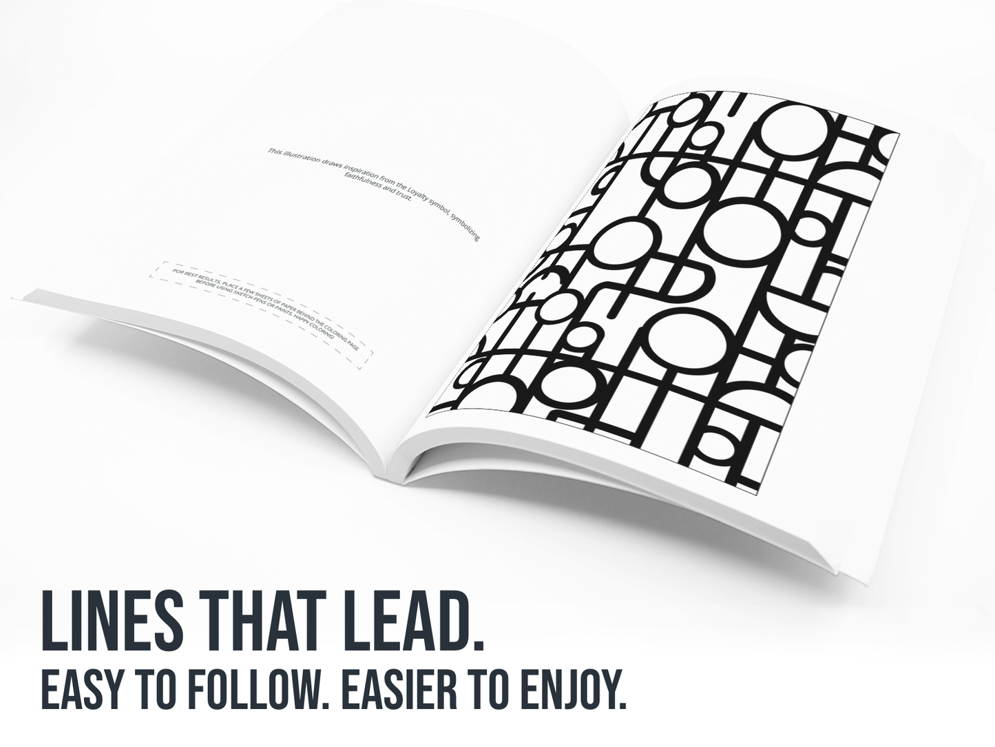 Open book with geometric pattern on a white background with the text "Lines that Lead".