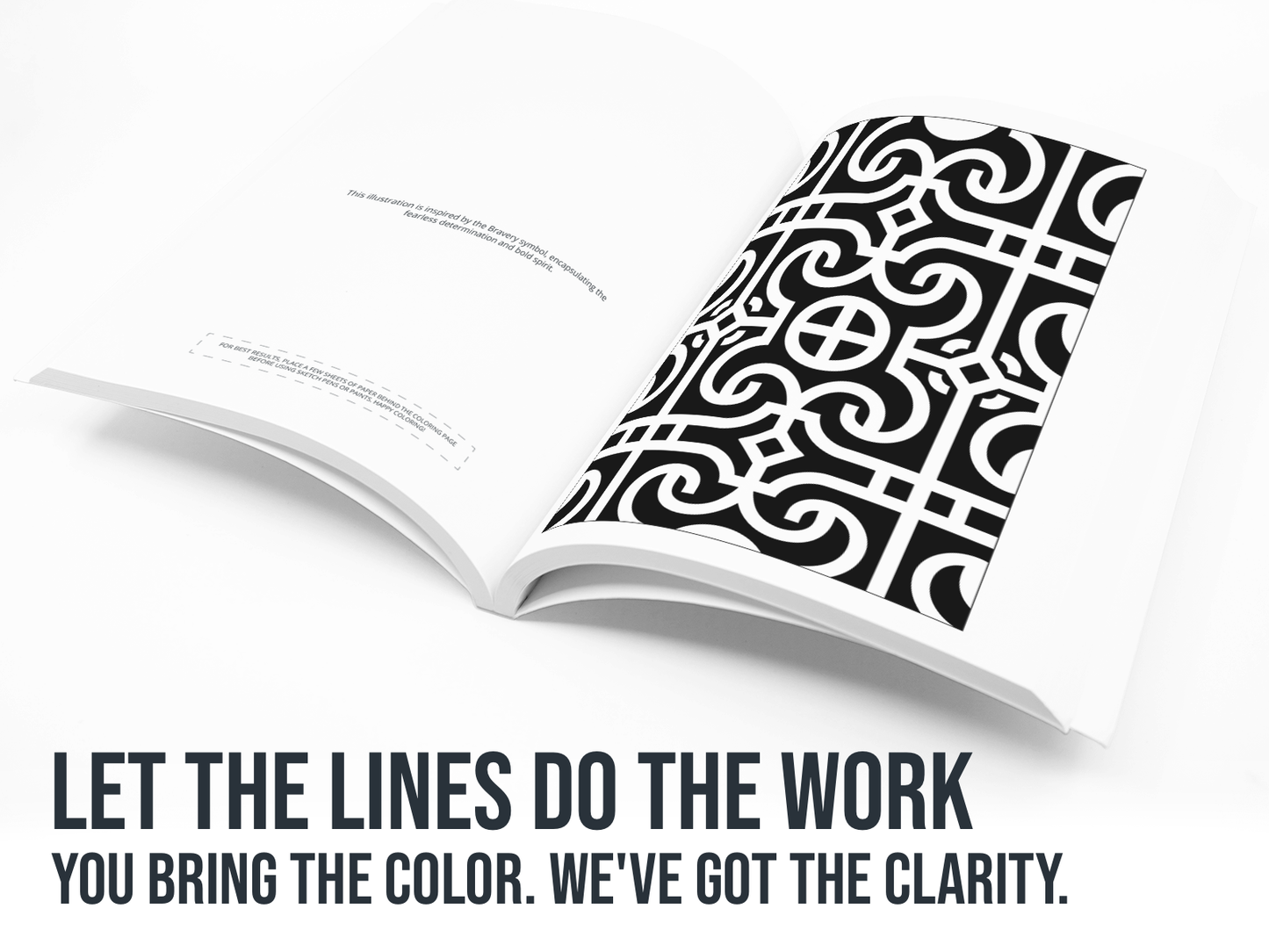 Open book with black geometric pattern on white background with the text "Let the lines do the work".