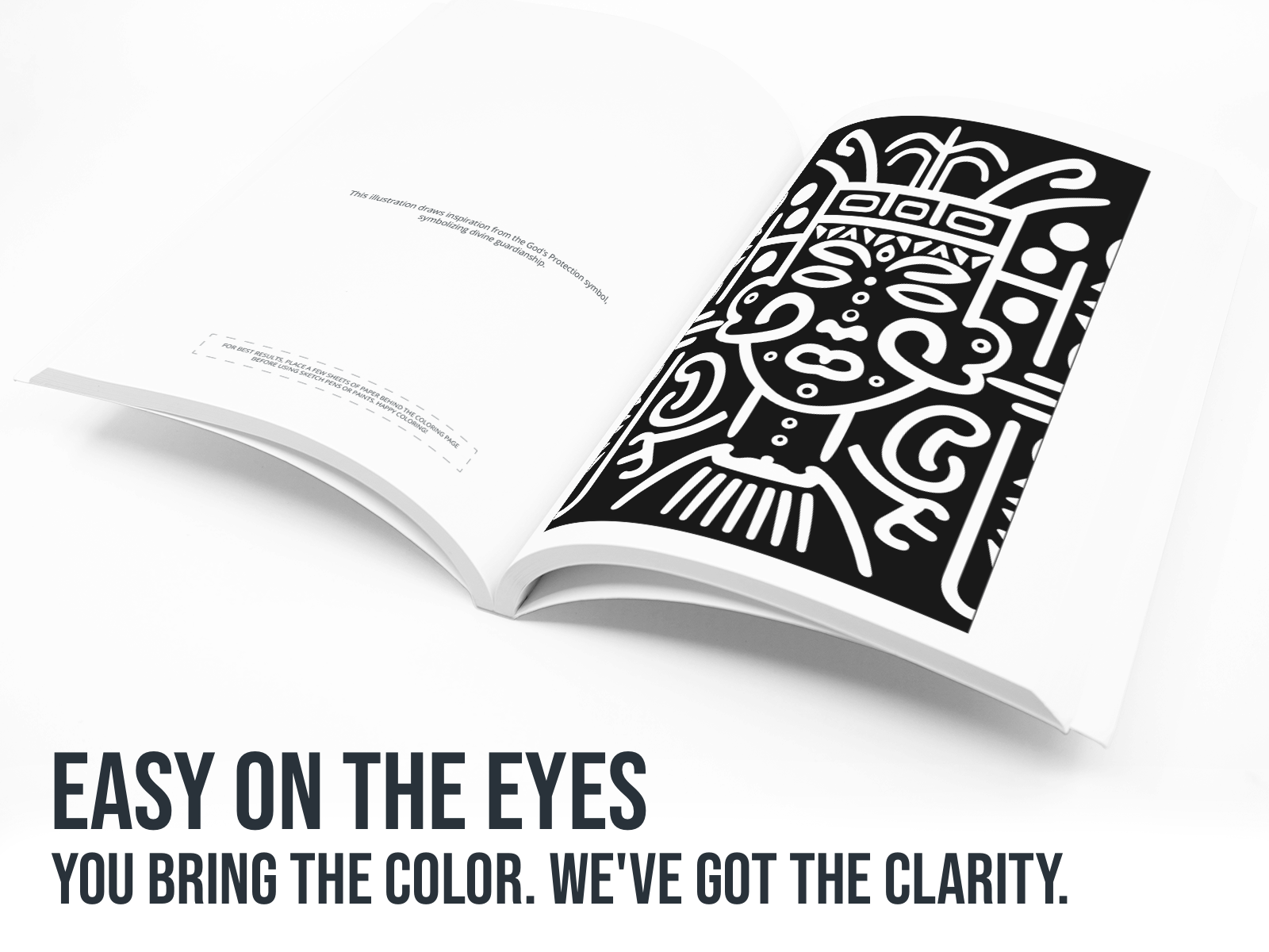 Open book with black and white design on a white background with the text "Easy on the eyes".