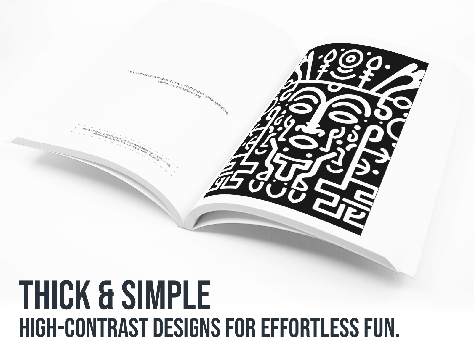 Open book with black line art on a white background with the text "Thick & Simple".