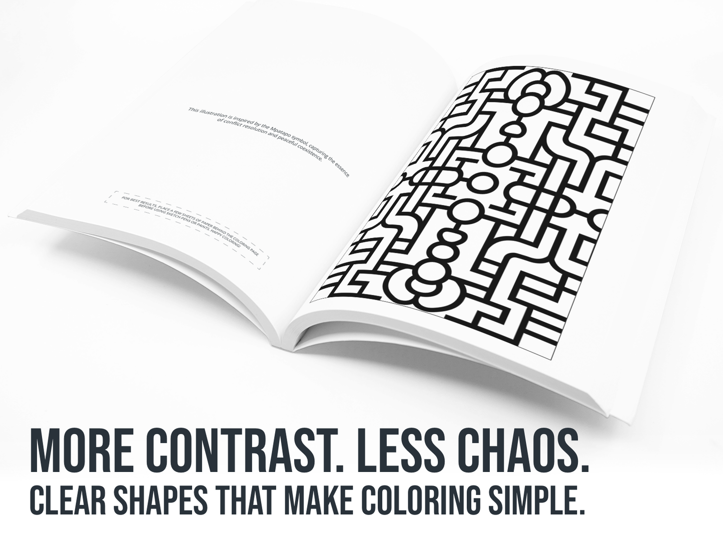Open book with black geometric patterns on a white background with the text "More Contrast, Less Chaos".