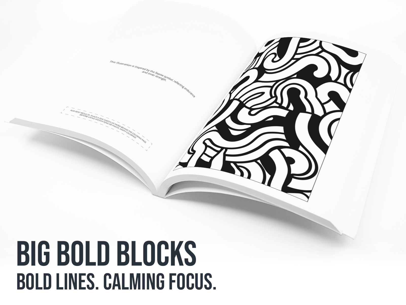 Open book with black and white abstract pattern on a white background with the text "Big Bold Blocks".