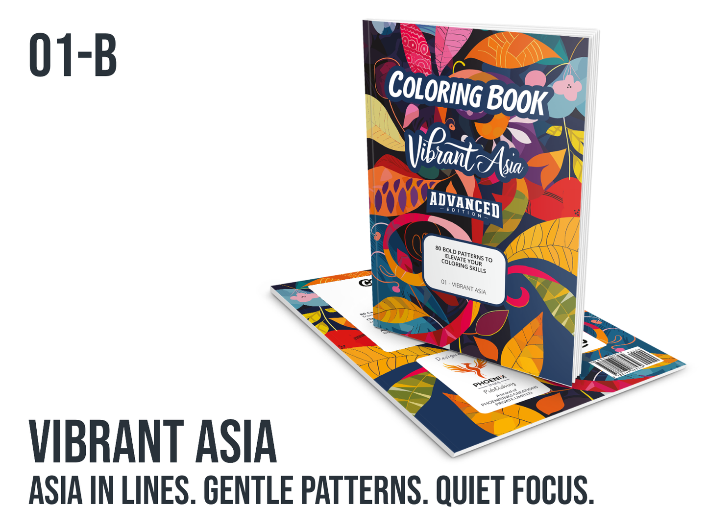 Coloring book with colorful design on a white background with the words Vibrant Asia, Asia in lines, Gentle Patterns, Quiet Focus written in black.