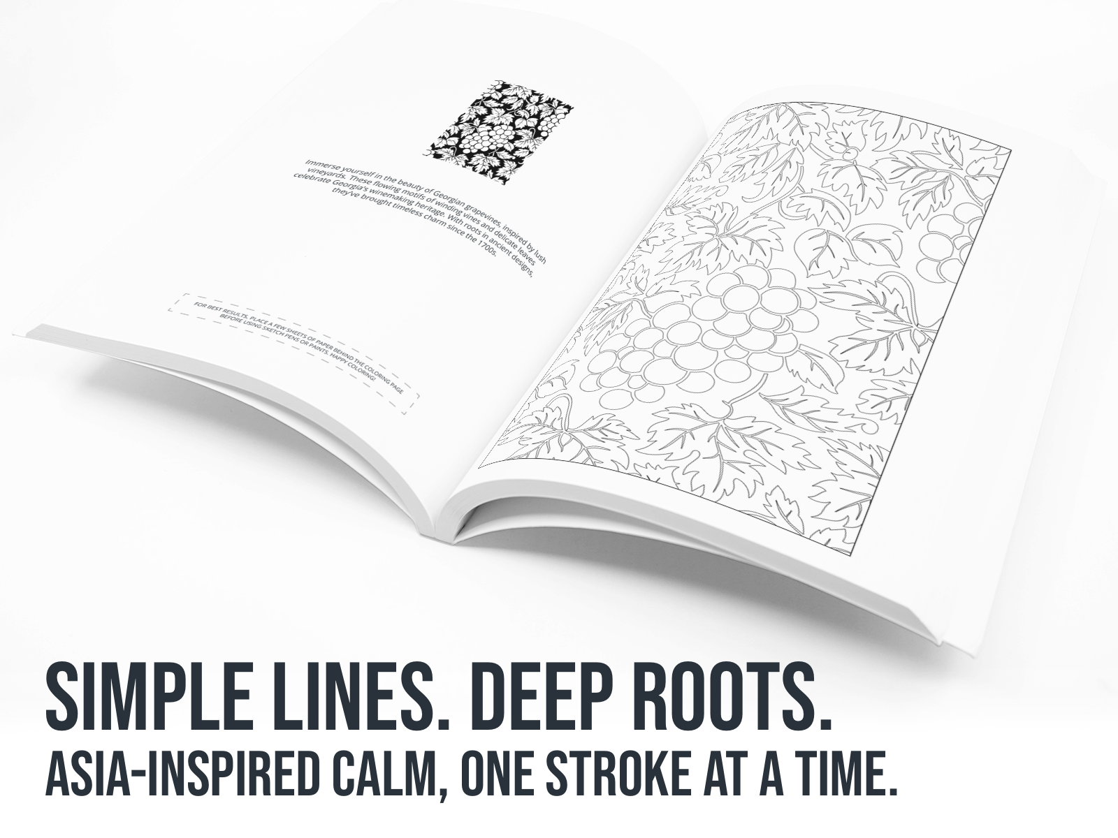 Open book with coloring pages on a white background, featuring text 'Simple lines. Deep roots.'