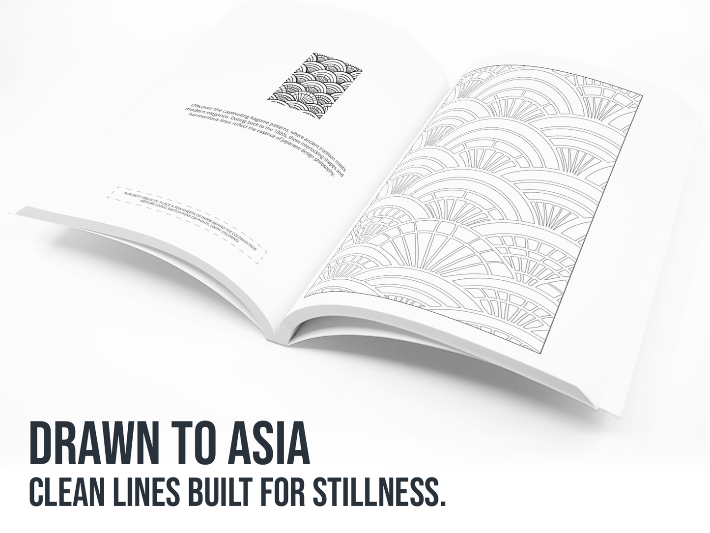 Open book with intricate patterns on a white background, featuring the text 'Drawn to Asia'.