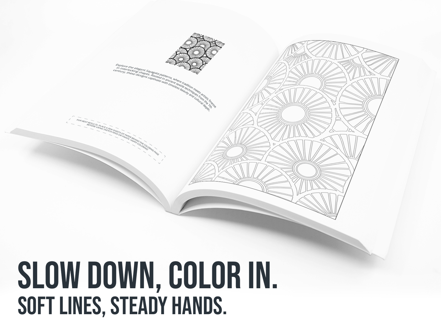 Open book with an asian pattern on a white background with the text "Slow Down, Color in"