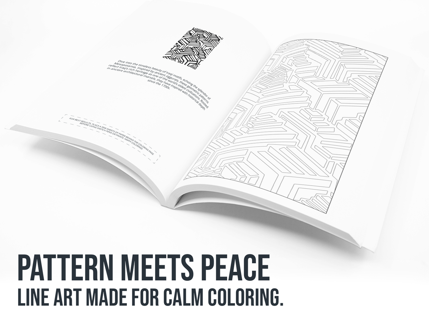Open book with line art on a white background, featuring text 'Pattern Meets Peace'.