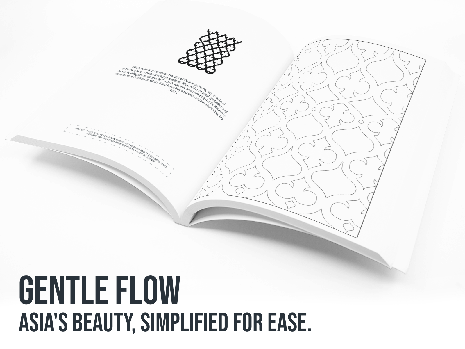 Open book with abstract patterns on a white background, featuring text 'Gentle Flow' and 'Asia's Beauty, Simplified for Ease'.