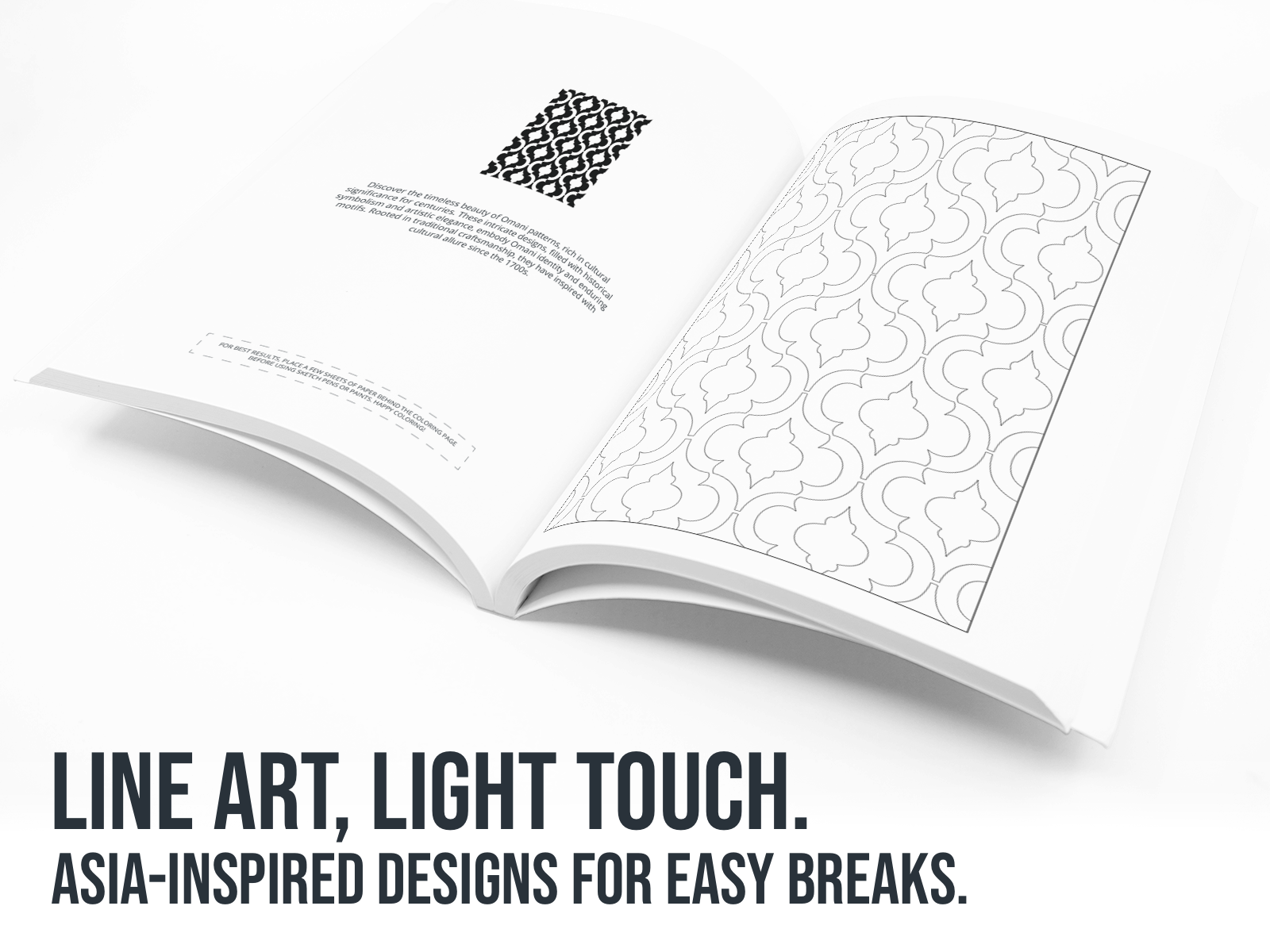 Open book with line art design on a white background with the text "Line Art, Light Touch".