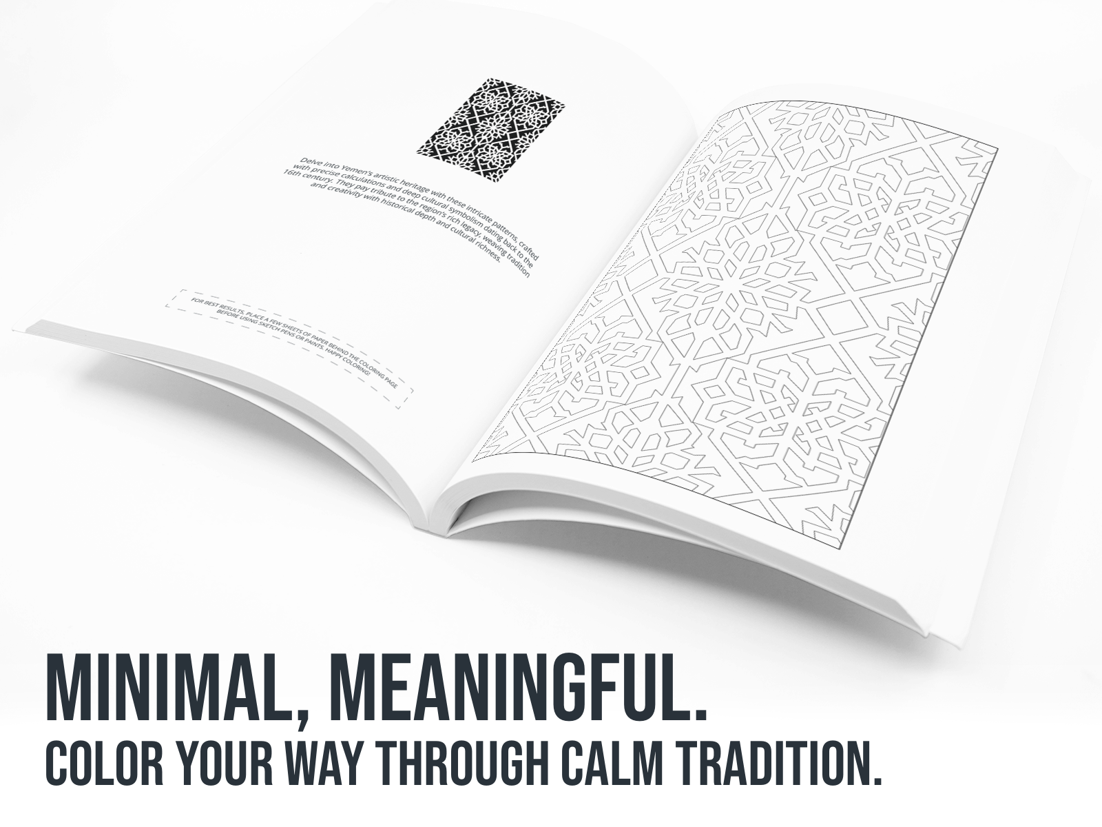 Open book with mandala pattern on a white background, featuring text "Minimal, Meaningful".