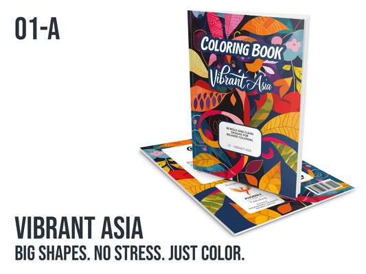 Coloring book titled 'Vibrant Asia' with colorful design on a white background