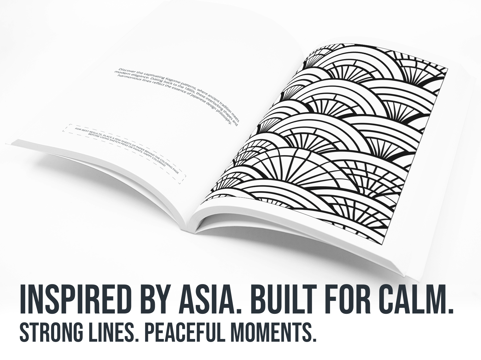 Open book with black and white pattern on a white background, text 'Inspired by Asia. Built for calm.'