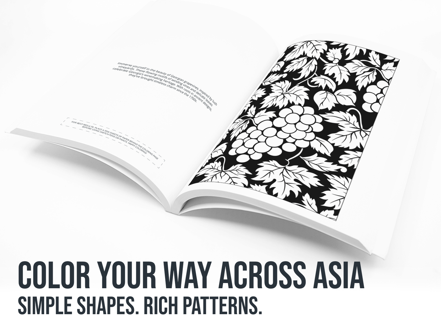 Open book with a floral pattern on a white background with the text "Color your way across Asia".