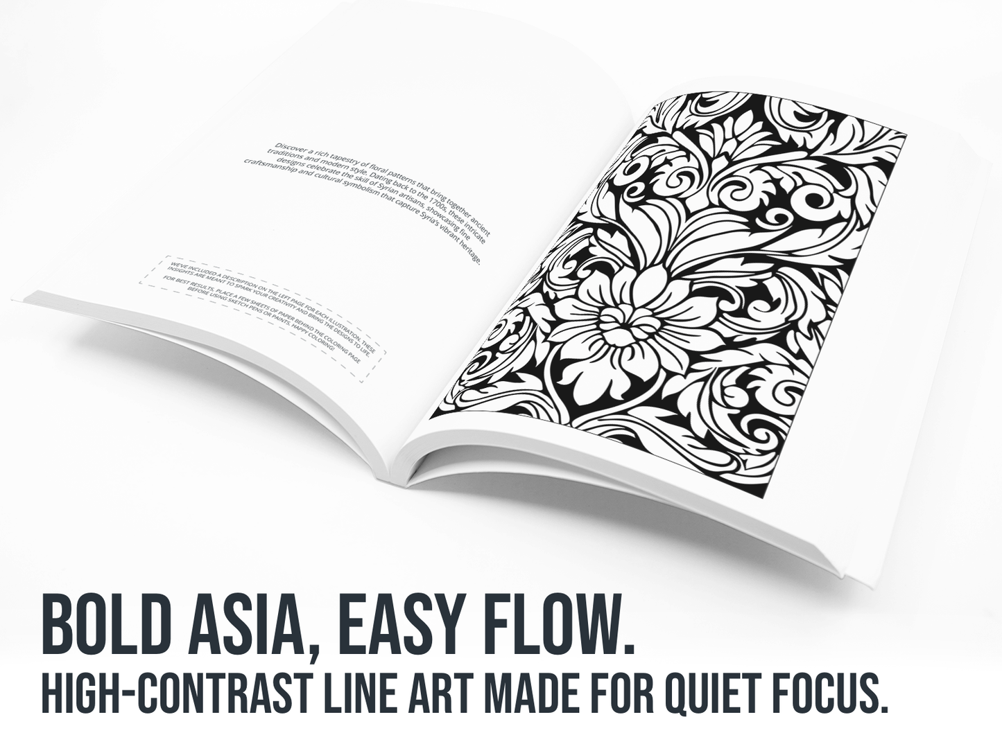 Open book with black and white line art on a white background with text "Bold Asia, Easy Flow".