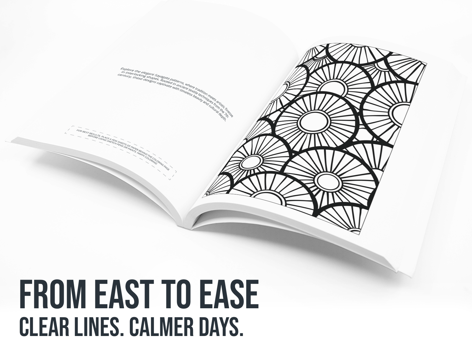 Open book with an asian inspired design on a white background with the text "From East to Ease".
