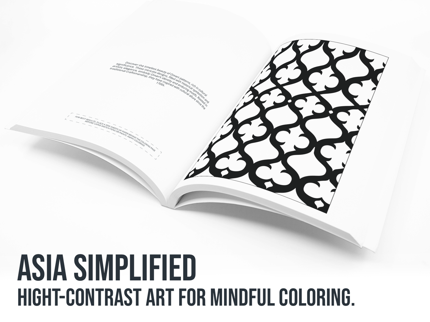 Open book with a black and white pattern on a white background, featuring text about mindful coloring.